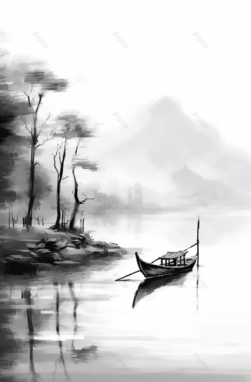 竖版中国风水墨意境山水画停在岸边的小船停泊,插画/手绘图,插画/手绘图库,插画/手绘图下载,插画/手绘